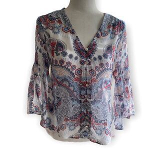 Hale Bob Womens Boho Silk Sheer Blue Red Blouse SZ XS